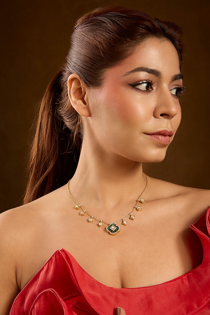 Yellow Gold Finish Eurostar & Emerald Pendant Chain Necklace In Sterling Silver by STELLA CREATIONS at Pernia's Pop Up Shop