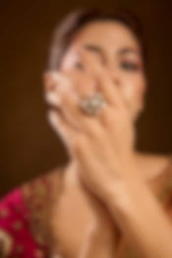 Yellow Gold Finish Moissanite Polki & Ruby Ring In Sterling Silver by STELLA CREATIONS at Pernia's Pop Up Shop