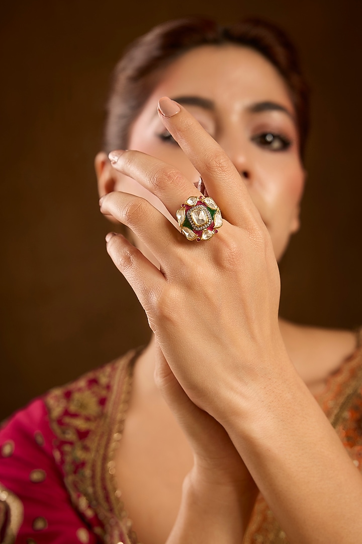Yellow Gold Finish Moissanite Polki & Ruby Ring In Sterling Silver by STELLA CREATIONS at Pernia's Pop Up Shop
