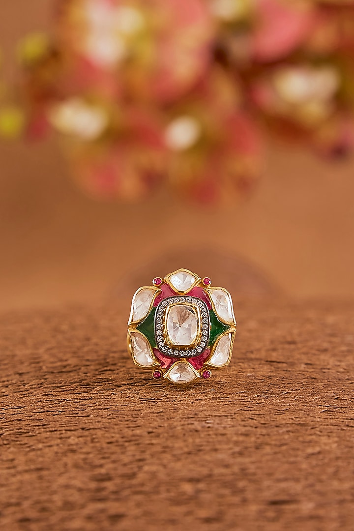 Yellow Gold Finish Moissanite Polki & Ruby Ring In Sterling Silver by STELLA CREATIONS at Pernia's Pop Up Shop