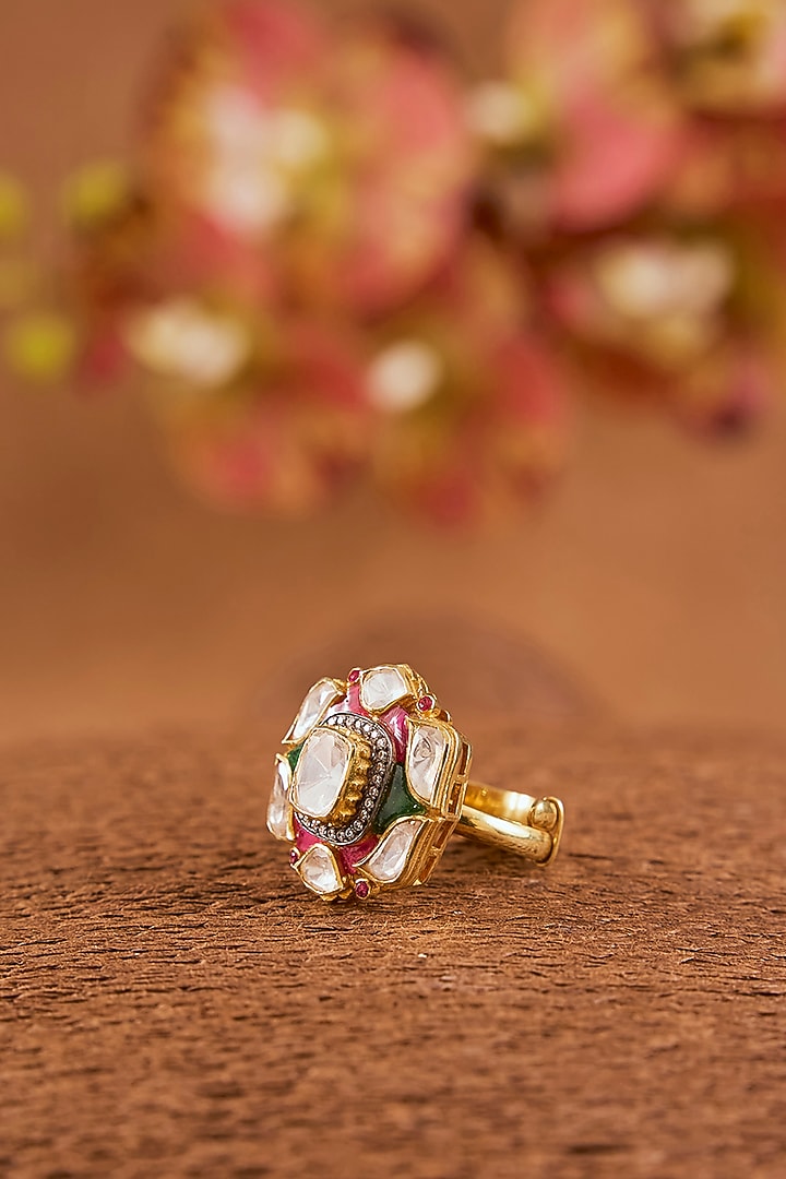 Yellow Gold Finish Moissanite Polki & Ruby Ring In Sterling Silver by STELLA CREATIONS at Pernia's Pop Up Shop