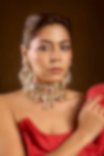 Yellow Gold Finish Emerald & Moissanite Polki Necklace Set In Sterling Silver by STELLA CREATIONS at Pernia's Pop Up Shop