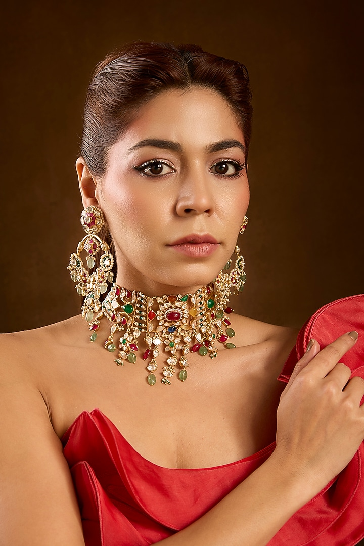 Yellow Gold Finish Emerald & Moissanite Polki Necklace Set In Sterling Silver by STELLA CREATIONS at Pernia's Pop Up Shop