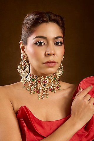 Yellow Gold Finish Emerald & Moissanite Polki Necklace Set In Sterling Silver by STELLA CREATIONS