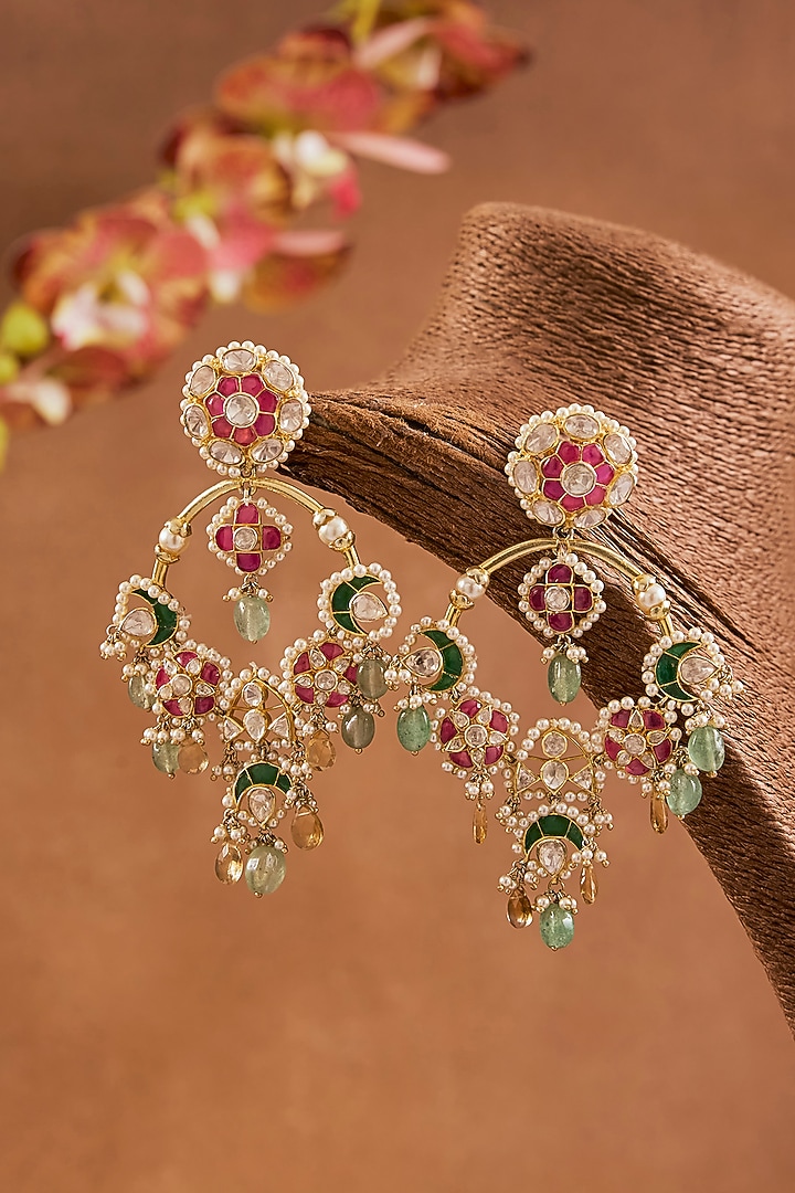 Yellow Gold Finish Emerald & Moissanite Polki Necklace Set In Sterling Silver by STELLA CREATIONS at Pernia's Pop Up Shop