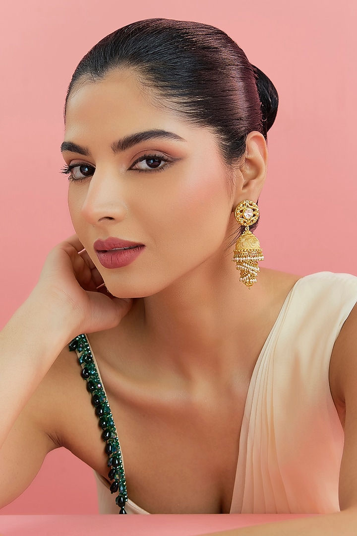 Yellow Gold Finish Moissanite Polki & Shell Pearl Dangler Earrings In Sterling Silver by STELLA CREATIONS at Pernia's Pop Up Shop