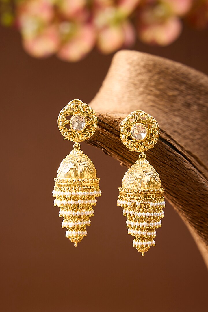Yellow Gold Finish Moissanite Polki & Shell Pearl Dangler Earrings In Sterling Silver by STELLA CREATIONS at Pernia's Pop Up Shop