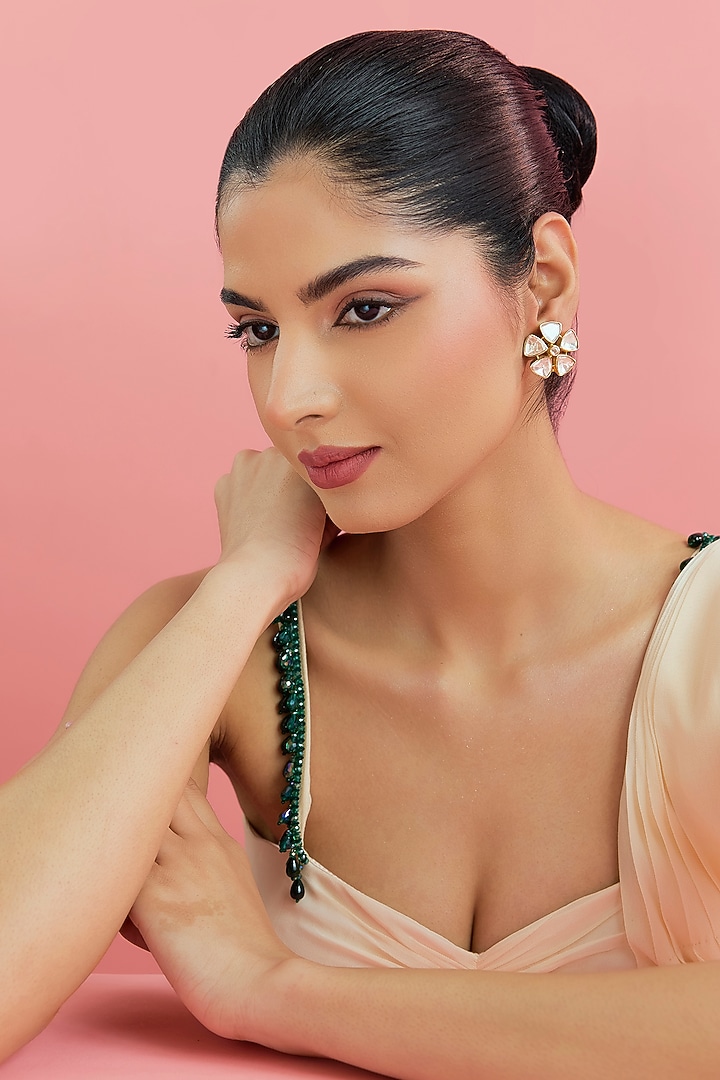 Yellow Gold Finish Moissanite Polki Stud Earrings In Sterling Silver by STELLA CREATIONS at Pernia's Pop Up Shop