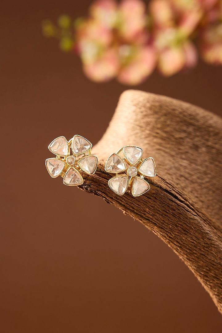 Yellow Gold Finish Moissanite Polki Stud Earrings In Sterling Silver by STELLA CREATIONS at Pernia's Pop Up Shop