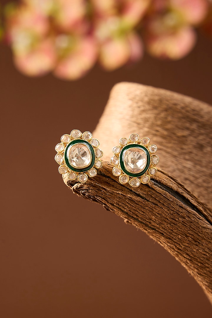 Yellow Gold Finish Moissanite Polki Meenakari Stud Earrings In Sterling Silver by STELLA CREATIONS at Pernia's Pop Up Shop