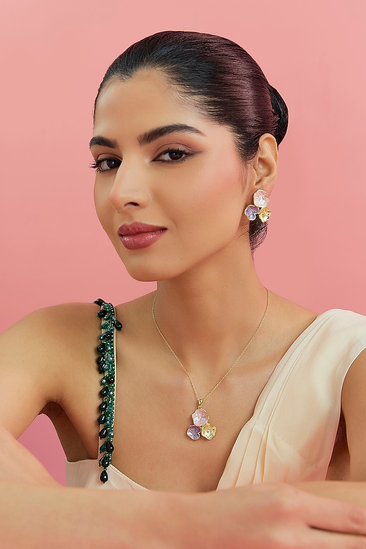 Yellow Gold Finish Pink & Purple Enameled Pendant Set In Sterling Silver by STELLA CREATIONS at Pernia's Pop Up Shop