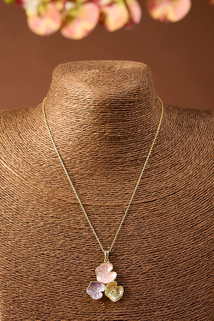 Yellow Gold Finish Pink & Purple Enameled Pendant Set In Sterling Silver by STELLA CREATIONS at Pernia's Pop Up Shop