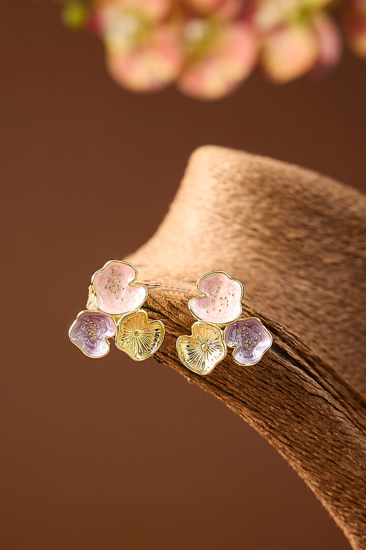 Yellow Gold Finish Pink & Purple Enameled Pendant Set In Sterling Silver by STELLA CREATIONS at Pernia's Pop Up Shop