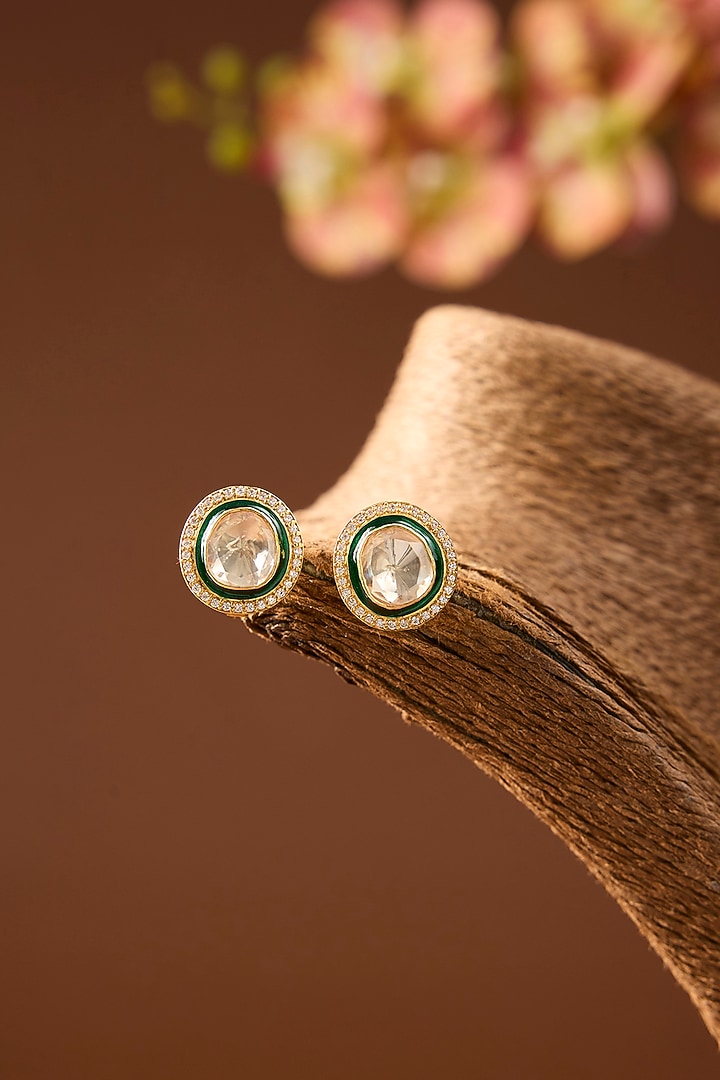 Yellow Gold Finish Eurostar Swarovski & Moissanite Polki Stud Earrings In Sterling Silver by STELLA CREATIONS at Pernia's Pop Up Shop