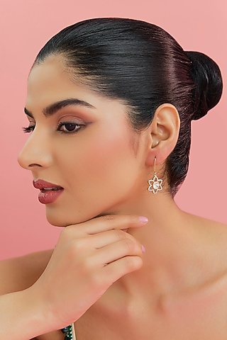 Yellow Gold Finish Moissanite Polki & Swaovski Dangler Earrings In Sterling Silver by STELLA CREATIONS