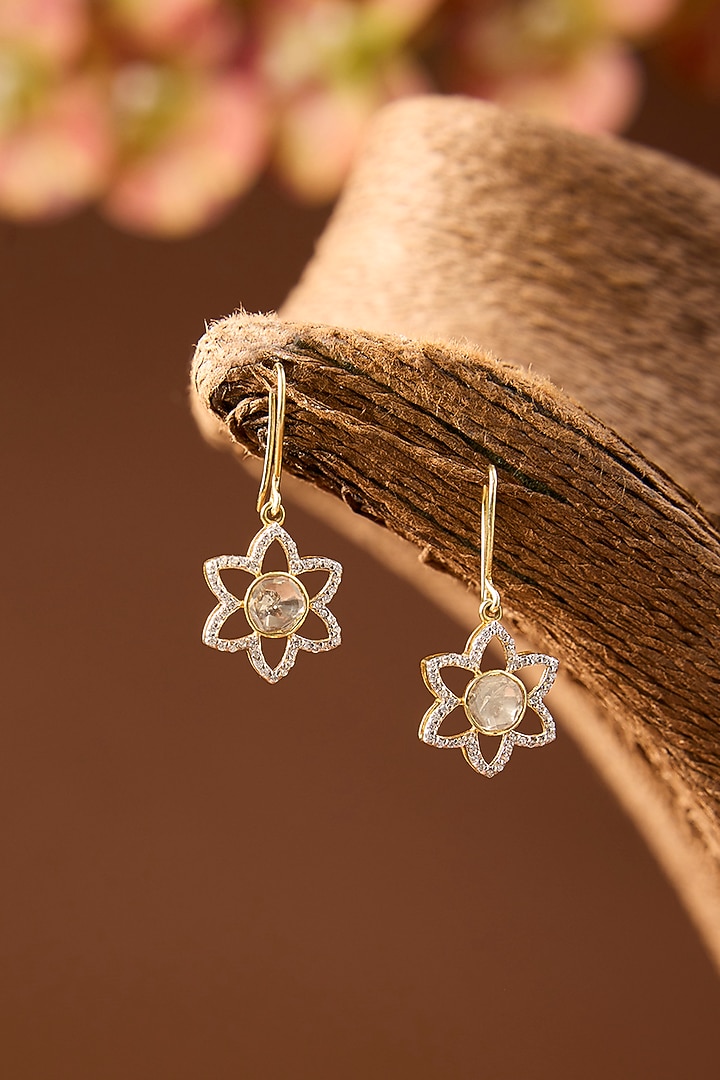 Yellow Gold Finish Moissanite Polki & Swaovski Dangler Earrings In Sterling Silver by STELLA CREATIONS at Pernia's Pop Up Shop