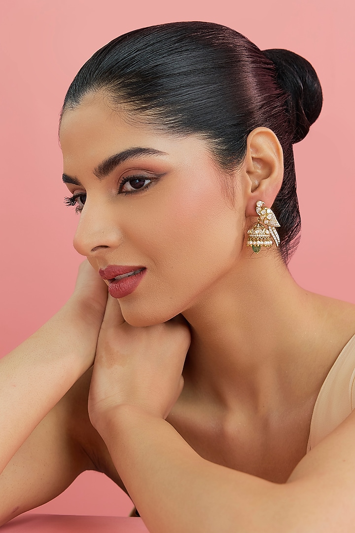 Yellow Gold Finish Moissanite Polki & Pearl Dangler Earrings In Sterling Silver by STELLA CREATIONS at Pernia's Pop Up Shop