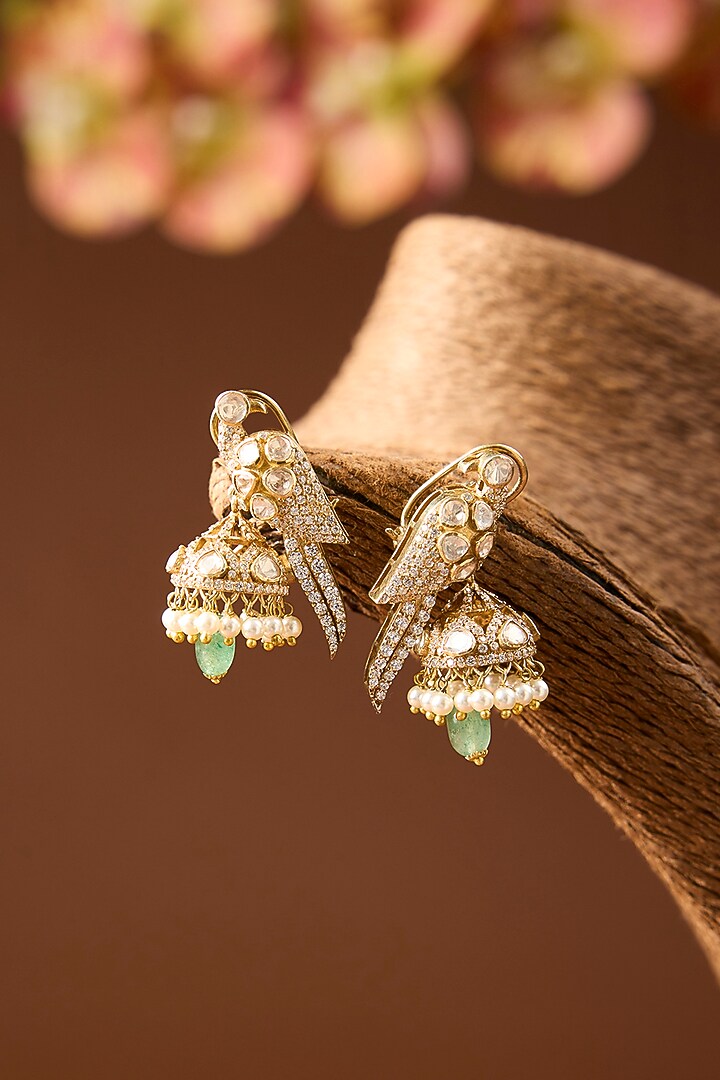Yellow Gold Finish Moissanite Polki & Pearl Dangler Earrings In Sterling Silver by STELLA CREATIONS at Pernia's Pop Up Shop