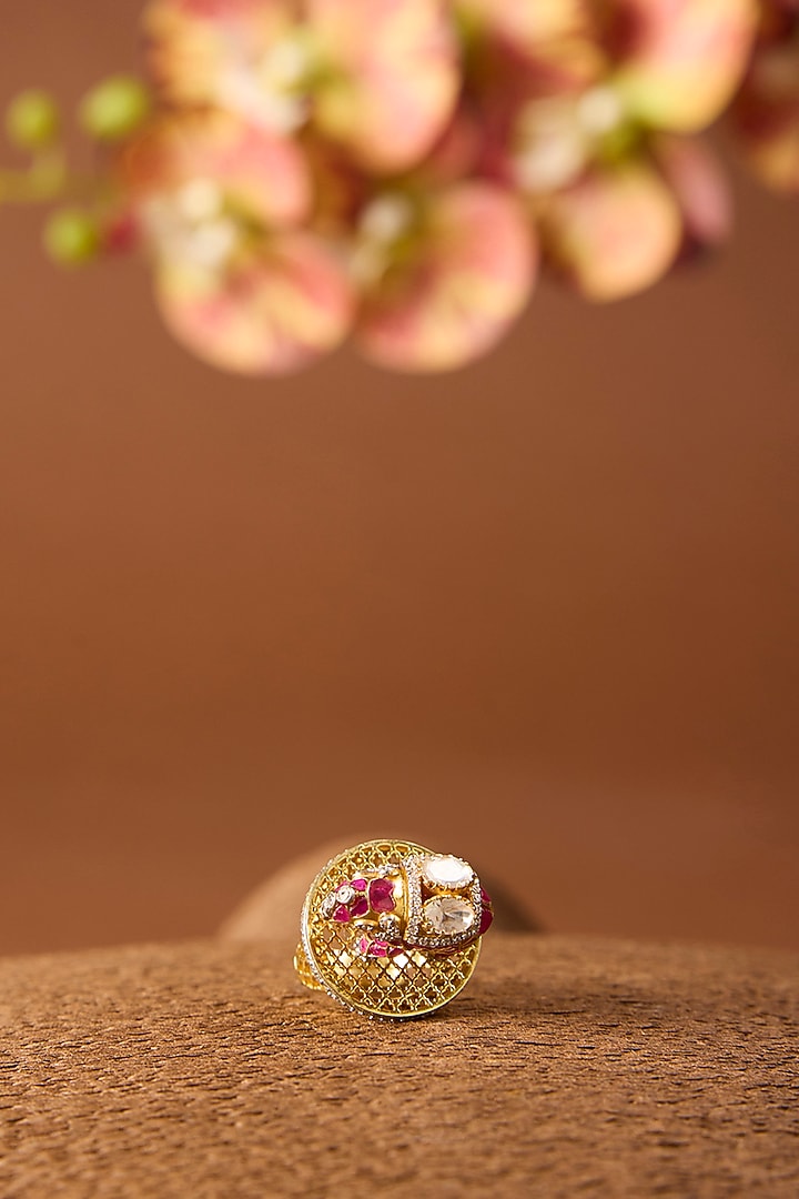Yellow Gold Finish Moissanite Polki & Ruby Ring In Sterling Silver by STELLA CREATIONS at Pernia's Pop Up Shop