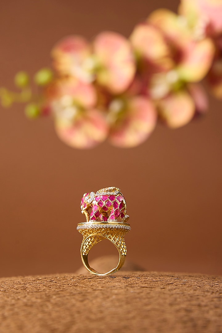Yellow Gold Finish Moissanite Polki & Ruby Ring In Sterling Silver by STELLA CREATIONS at Pernia's Pop Up Shop