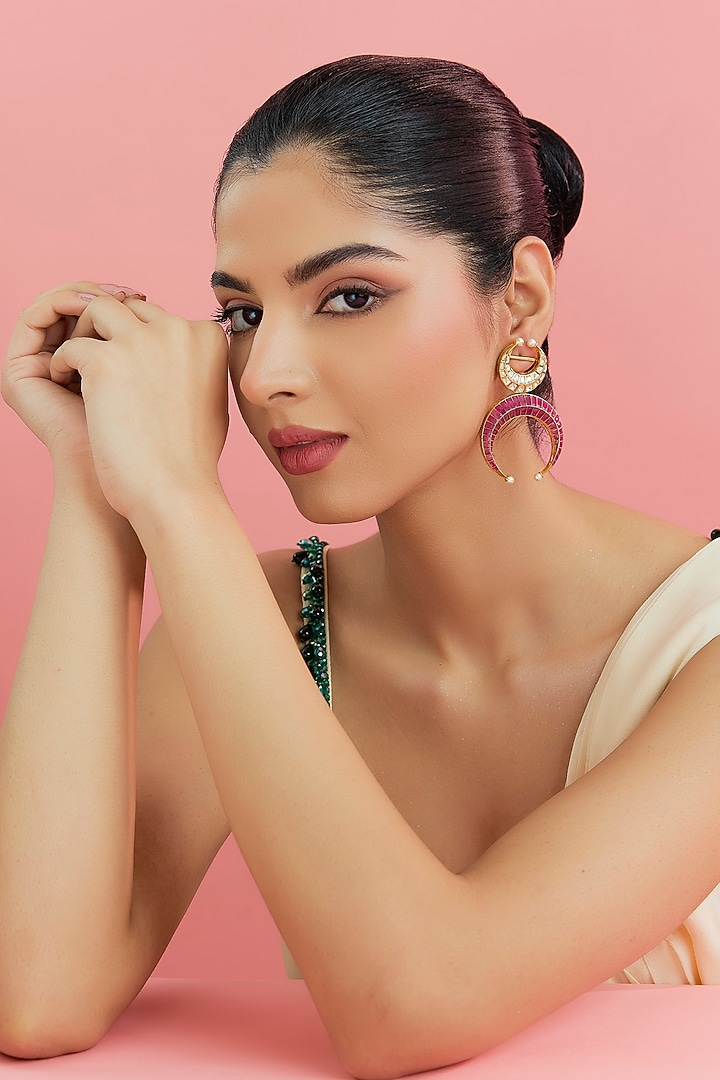 Yellow Gold Finish Moissanite Polki & Ruby Stud Earrings In Sterling Silver by STELLA CREATIONS at Pernia's Pop Up Shop