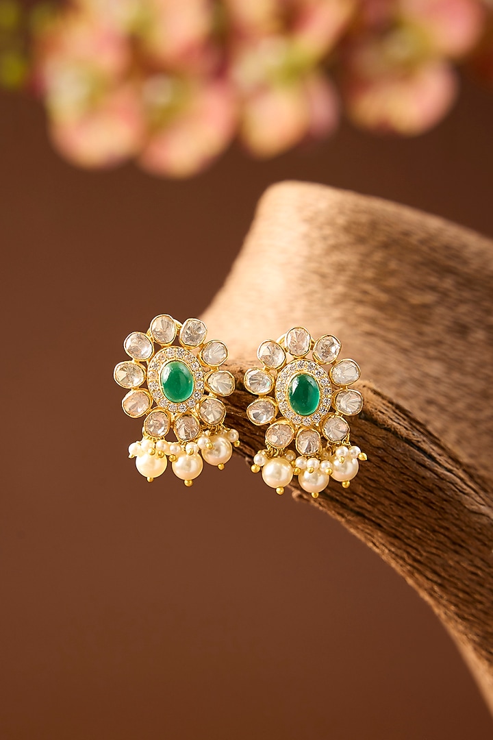 Yellow Gold Finish Moissanite Polki & Emerald Stud Earrings In Sterling Silver by STELLA CREATIONS at Pernia's Pop Up Shop