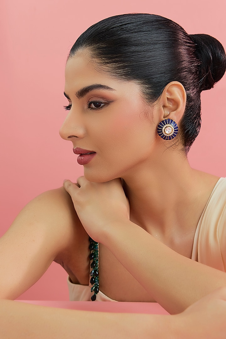 Yellow Gold Finish Moissanite Polki & Sapphire Stud Earrings In Sterling Silver by STELLA CREATIONS at Pernia's Pop Up Shop