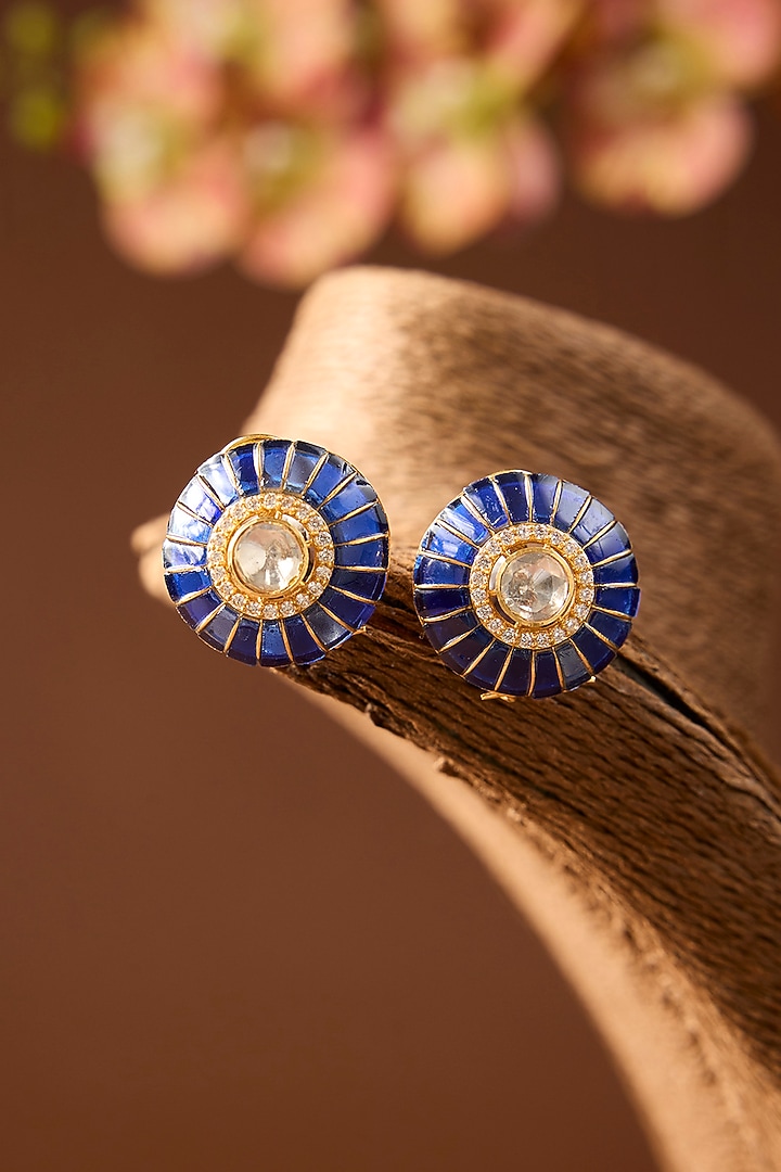 Yellow Gold Finish Moissanite Polki & Sapphire Stud Earrings In Sterling Silver by STELLA CREATIONS at Pernia's Pop Up Shop
