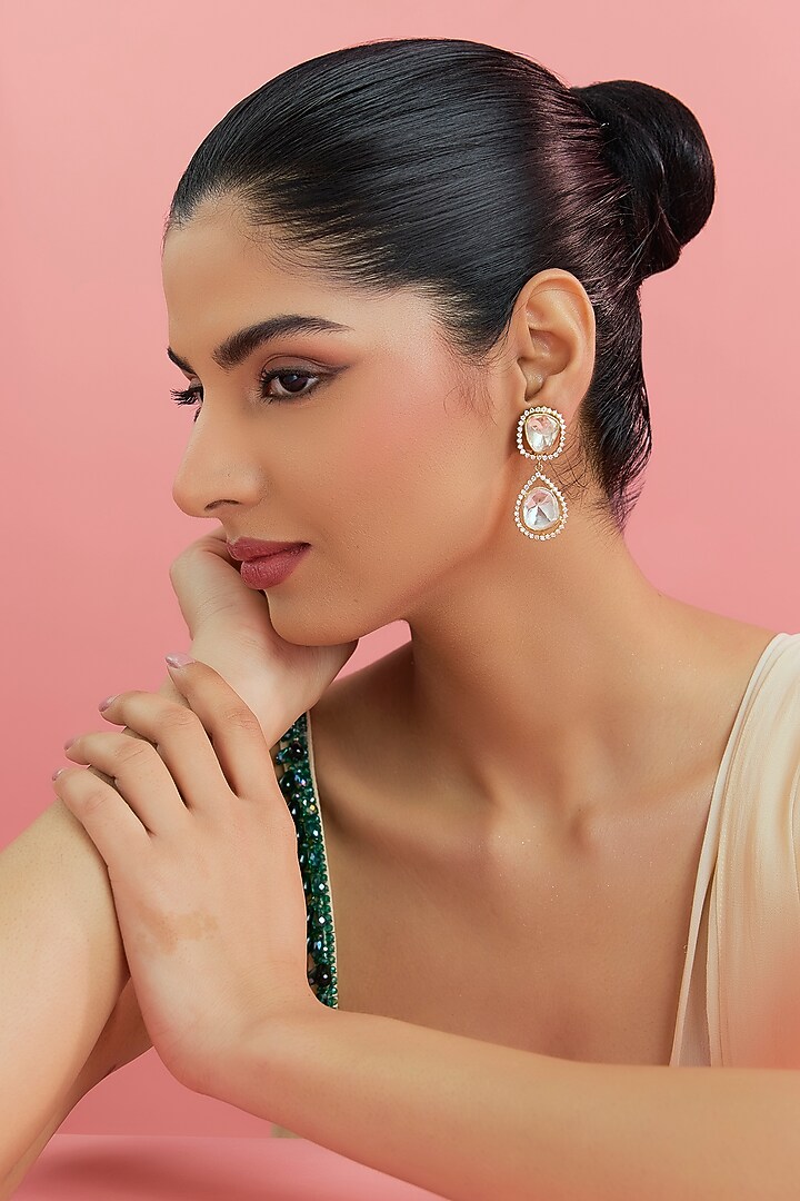 Yellow Gold Finish Moissanite Polki & Swarovski Dangler Earrings In Sterling Silver by STELLA CREATIONS at Pernia's Pop Up Shop