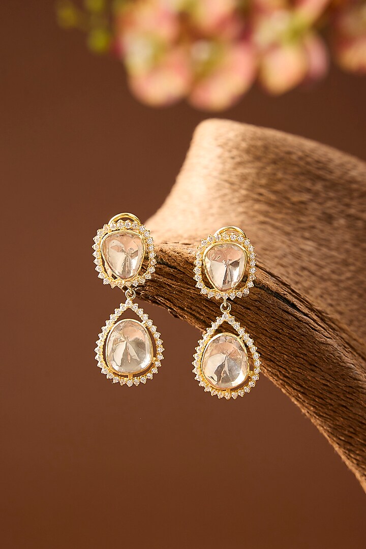 Yellow Gold Finish Moissanite Polki & Swarovski Dangler Earrings In Sterling Silver by STELLA CREATIONS at Pernia's Pop Up Shop