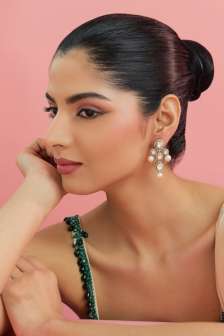 Yellow Gold Finish Moissanite Polki & Pearl Dangler Earrings In Sterling Silver by STELLA CREATIONS at Pernia's Pop Up Shop