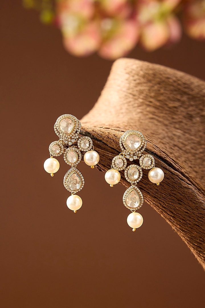 Yellow Gold Finish Moissanite Polki & Pearl Dangler Earrings In Sterling Silver by STELLA CREATIONS at Pernia's Pop Up Shop