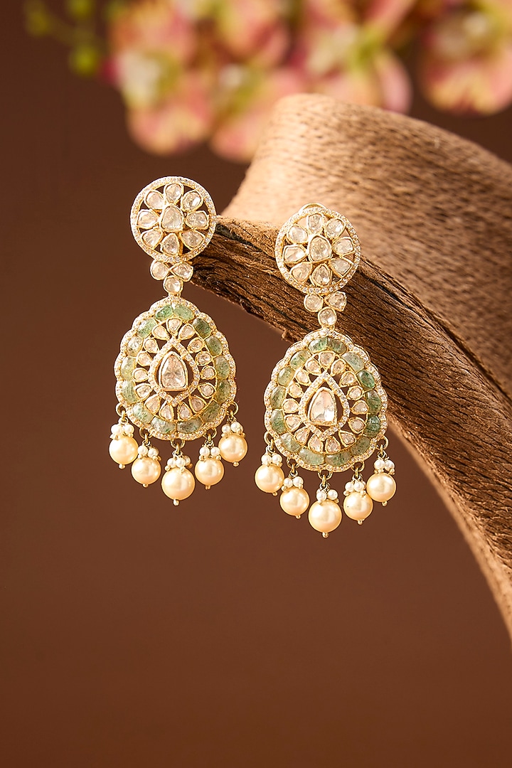 Yellow Gold Finish Moissanite Polki & Emerald Dangler Earrings In Sterling Silver by STELLA CREATIONS at Pernia's Pop Up Shop