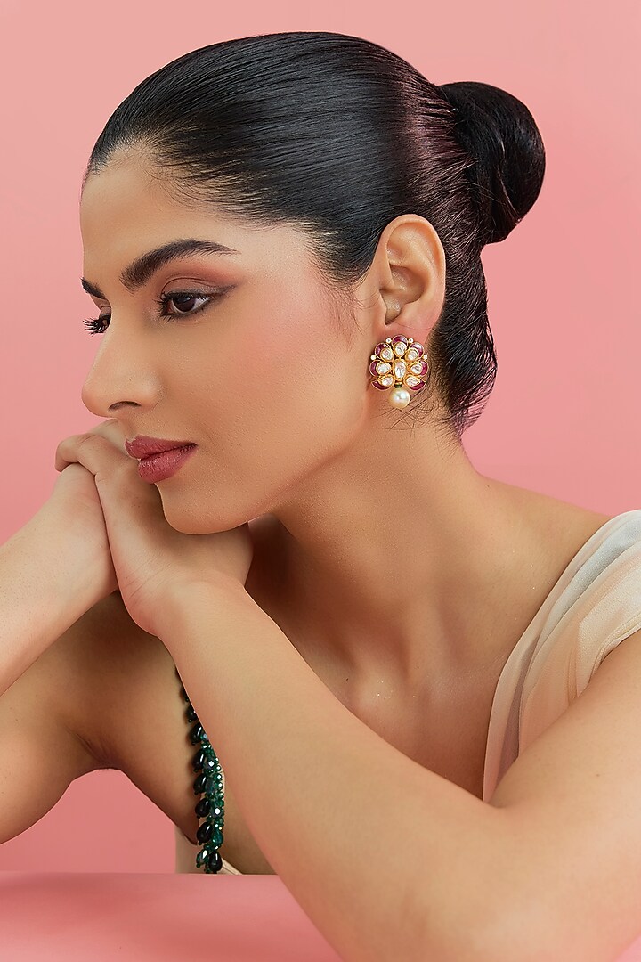 Yellow Gold Finish Moissanite Polki & Pearl Stud Earrings In Sterling Silver by STELLA CREATIONS at Pernia's Pop Up Shop