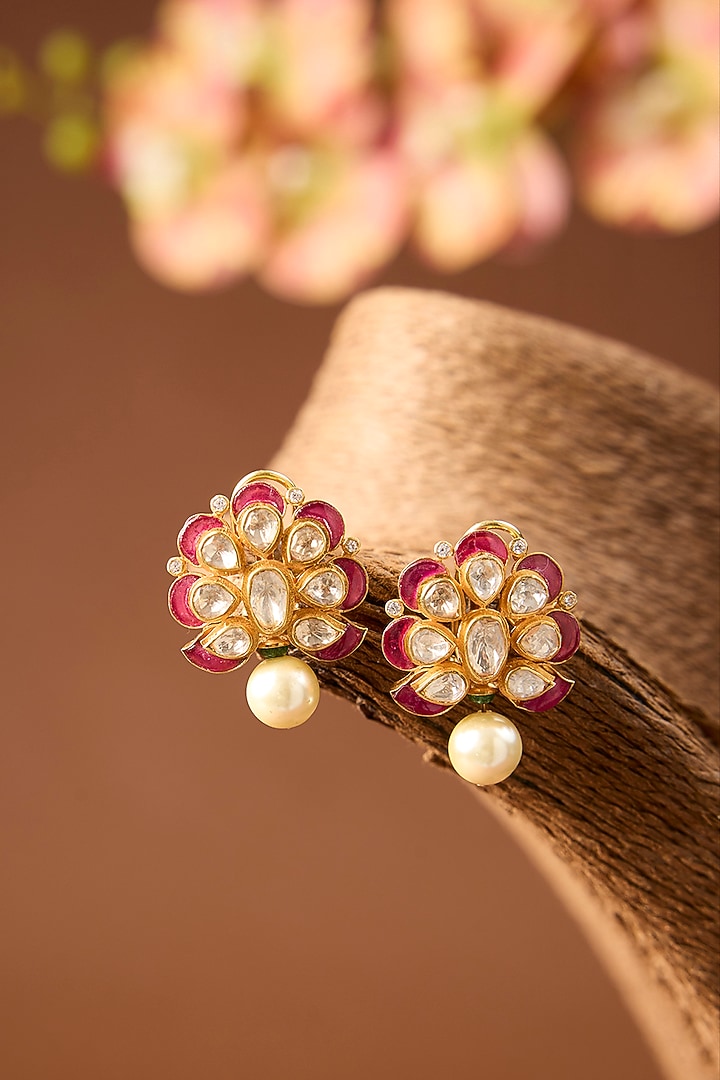 Yellow Gold Finish Moissanite Polki & Pearl Stud Earrings In Sterling Silver by STELLA CREATIONS at Pernia's Pop Up Shop