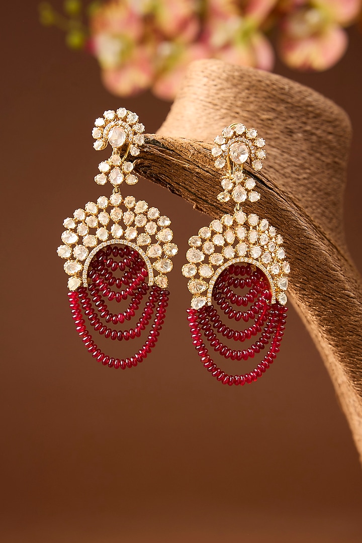 Yellow Gold Finish Moissanite Polki & Ruby Chandbali Earrings In Sterling Silver by STELLA CREATIONS at Pernia's Pop Up Shop