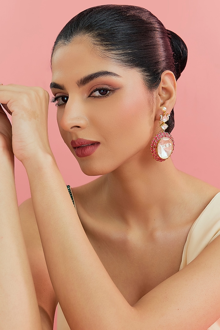 Yellow Gold Finish Moissanite Polki & Ruby Dangler Earrings In Sterling Silver by STELLA CREATIONS at Pernia's Pop Up Shop