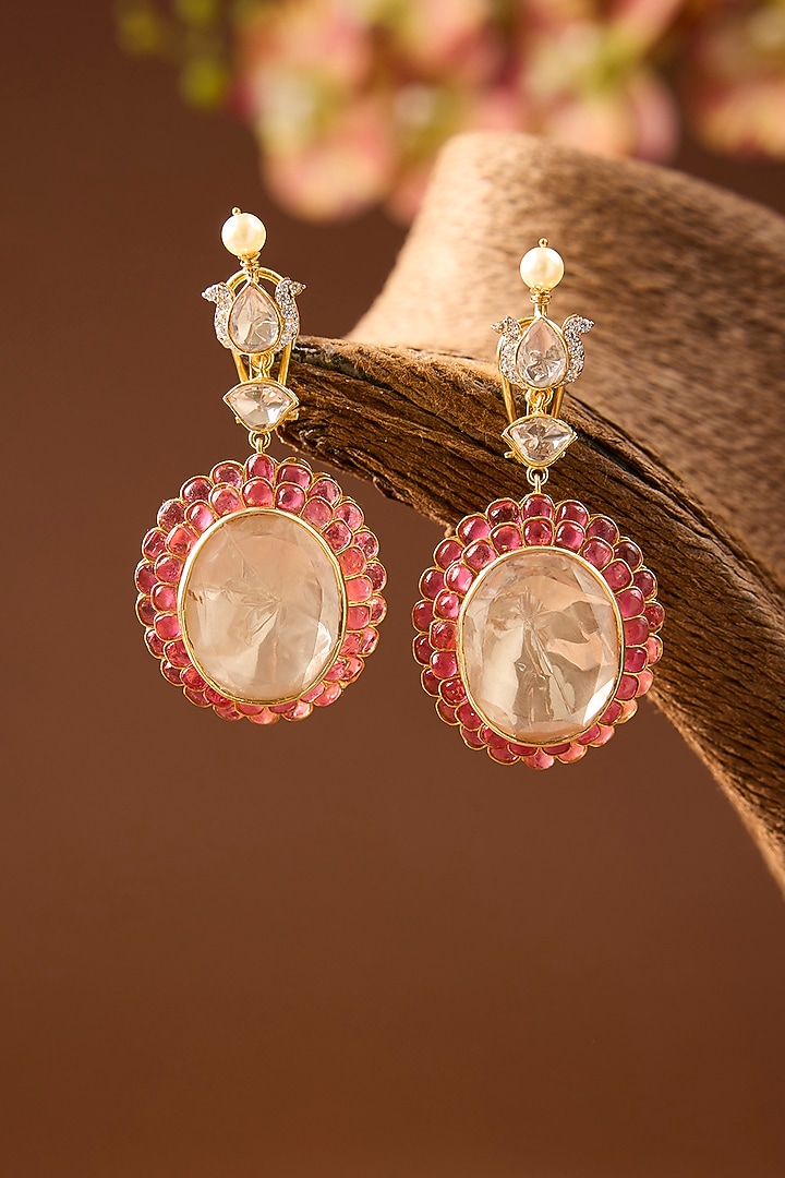 Yellow Gold Finish Moissanite Polki & Ruby Dangler Earrings In Sterling Silver by STELLA CREATIONS at Pernia's Pop Up Shop