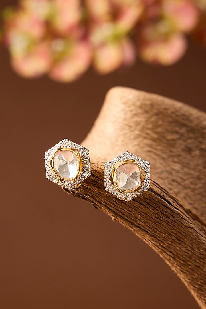 Yellow Gold Finish Moissanite Polki & Swarovski Stud Earrings In Sterling Silver by STELLA CREATIONS at Pernia's Pop Up Shop