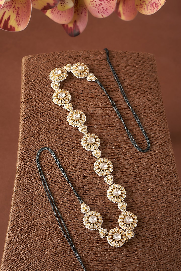 Gold Finish Moissanite Polki & Freshwater Pearl Mathapatti In Sterling Silver by STELLA CREATIONS at Pernia's Pop Up Shop