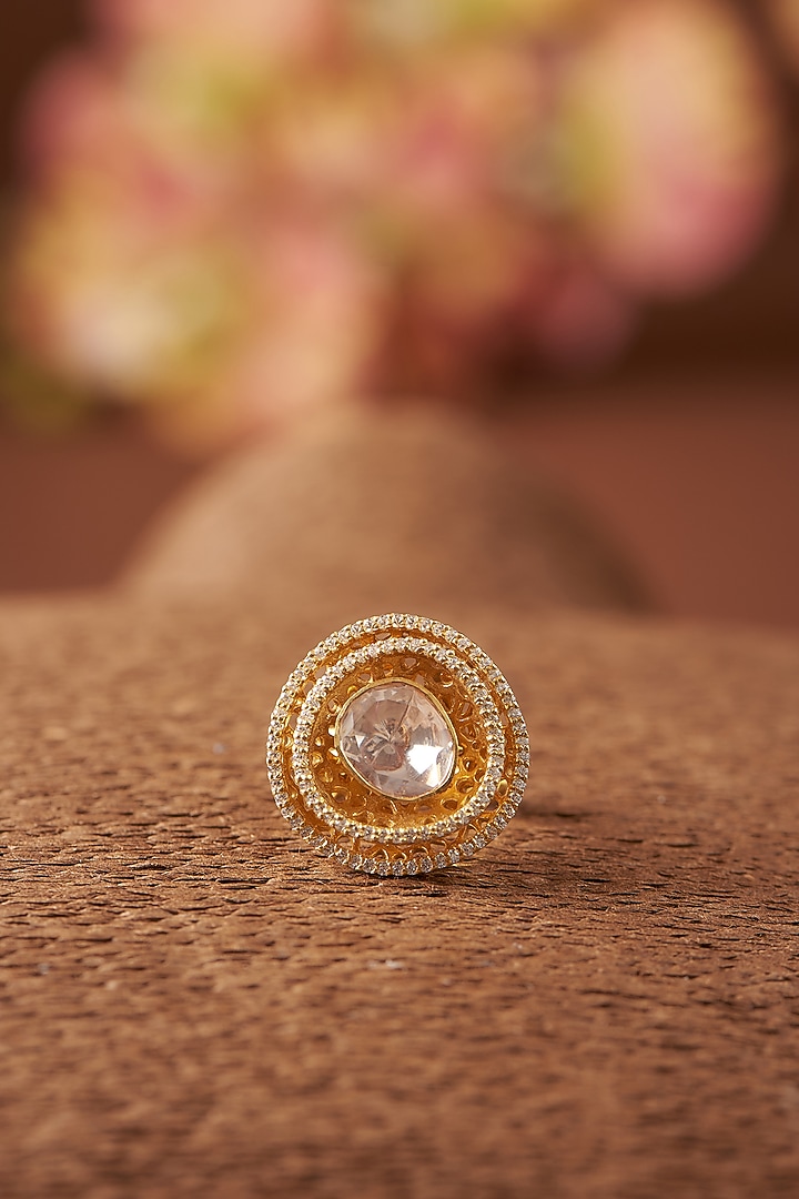 Gold Finish Moissanite Polki & CZ Ring In Sterling Silver by STELLA CREATIONS at Pernia's Pop Up Shop