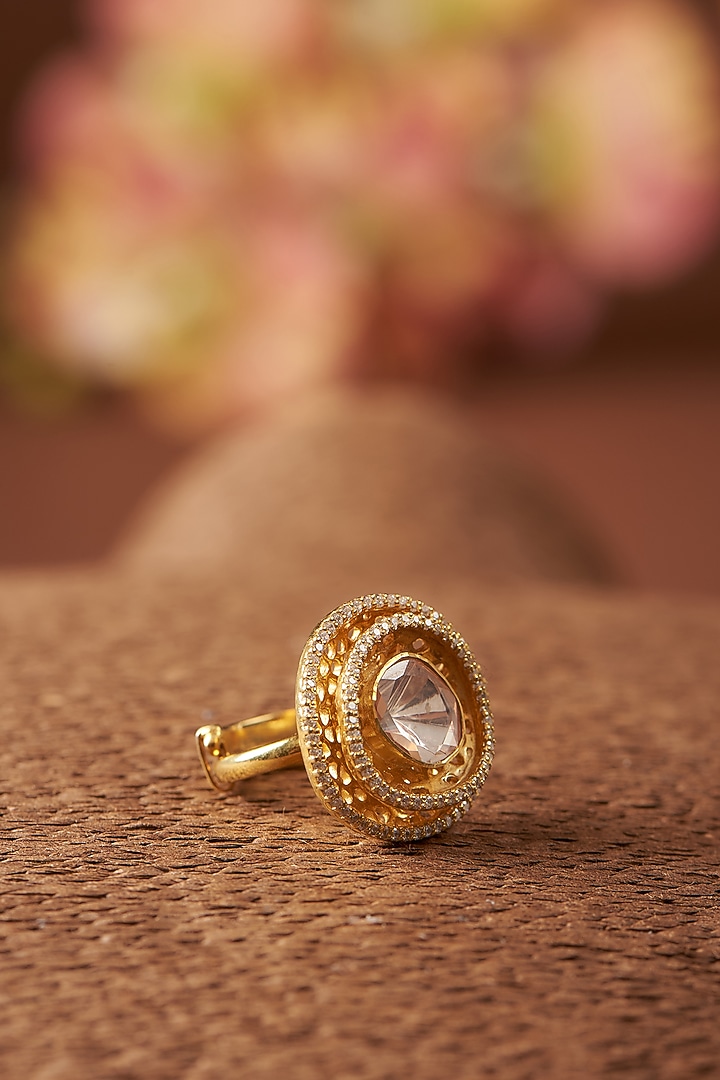 Gold Finish Moissanite Polki & CZ Ring In Sterling Silver by STELLA CREATIONS at Pernia's Pop Up Shop