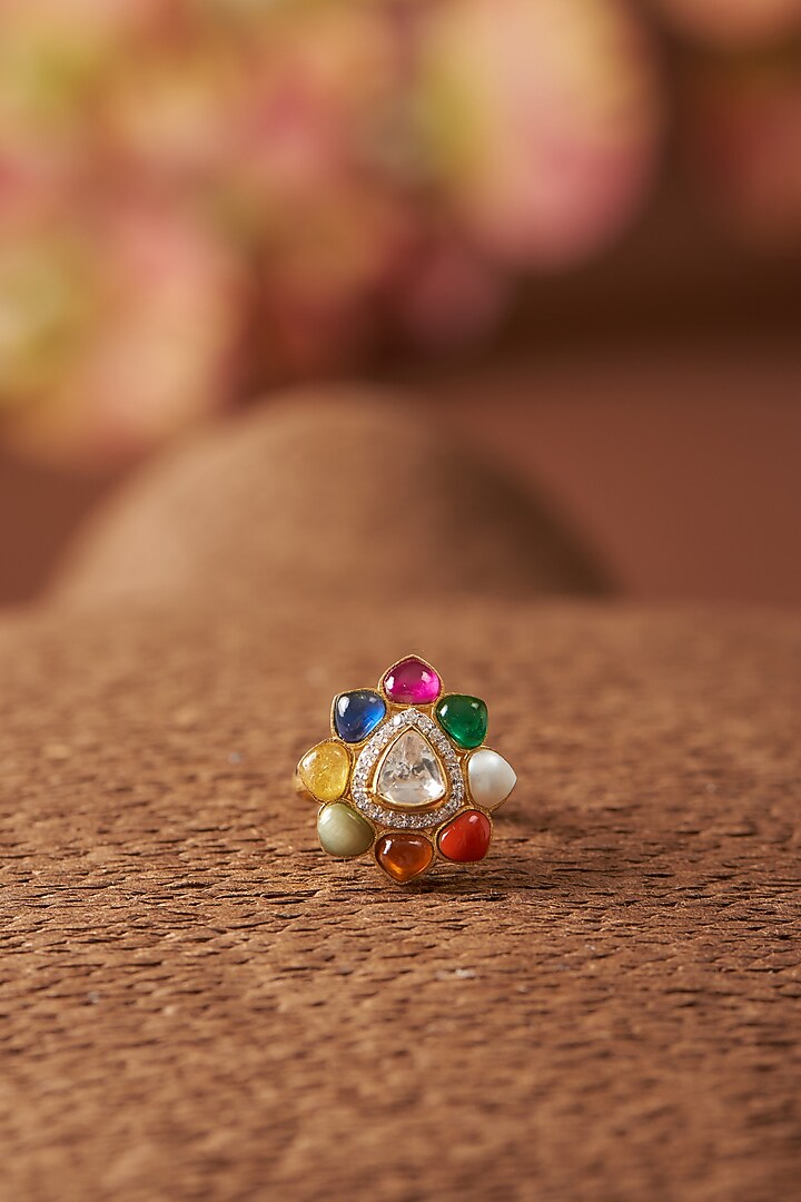 Gold Finish Moissanite Polki & Navratna Stone Ring In Sterling Silver by STELLA CREATIONS at Pernia's Pop Up Shop