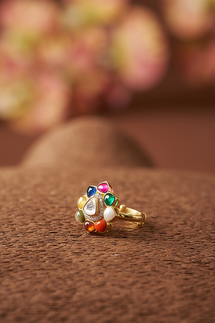 Gold Finish Moissanite Polki & Navratna Stone Ring In Sterling Silver by STELLA CREATIONS at Pernia's Pop Up Shop
