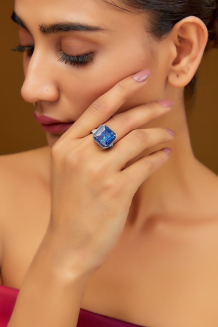 White Finish Zircon & Synthetic Sapphire Stone Ring In Sterling Silver by STELLA CREATIONS