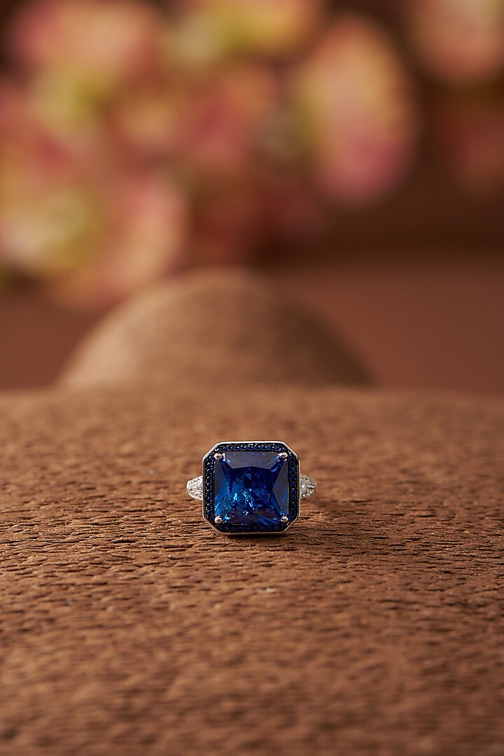 White Finish Zircon & Synthetic Sapphire Stone Ring In Sterling Silver by STELLA CREATIONS at Pernia's Pop Up Shop