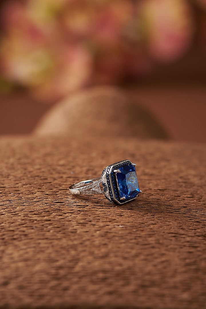 White Finish Zircon & Synthetic Sapphire Stone Ring In Sterling Silver by STELLA CREATIONS at Pernia's Pop Up Shop
