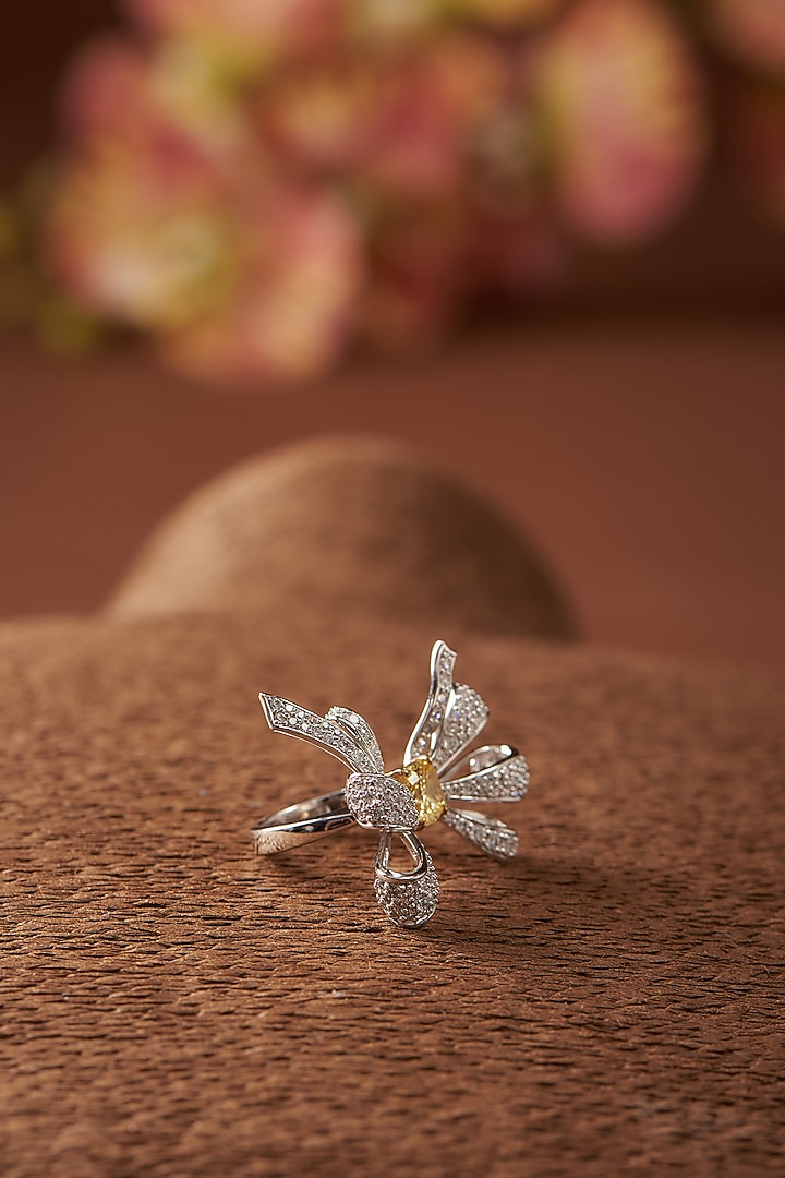 Two-Tone Finish Zircon & Synthetic Yellow Stone Ring In Sterling Silver by STELLA CREATIONS at Pernia's Pop Up Shop