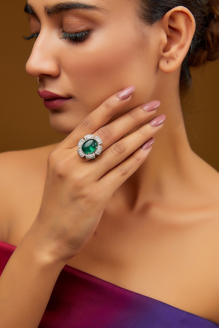 White Finish CZ & Synthetic Emerald Stone Ring In Sterling Silver by STELLA CREATIONS