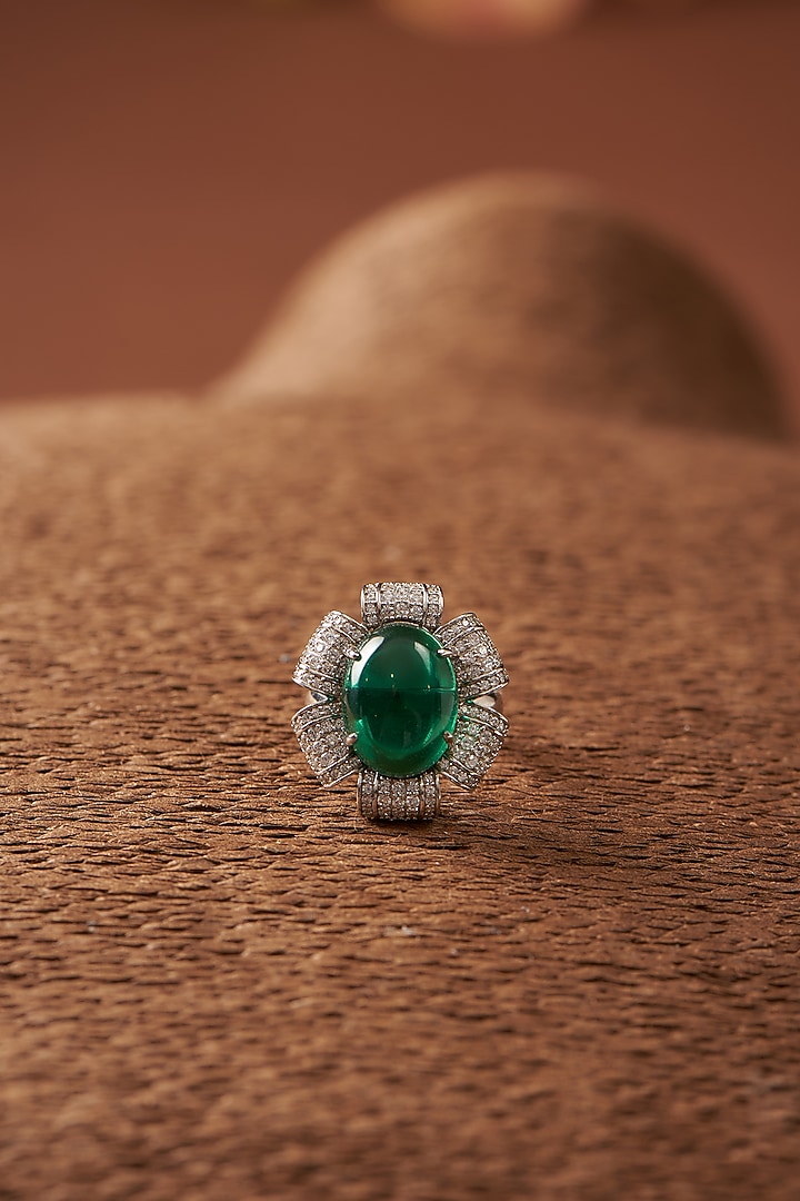 White Finish CZ & Synthetic Emerald Stone Ring In Sterling Silver by STELLA CREATIONS at Pernia's Pop Up Shop